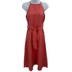 Loft Linen/Viscose Blend Halter Flare Unlined Tie Waist Coral Midi Dress Size 2